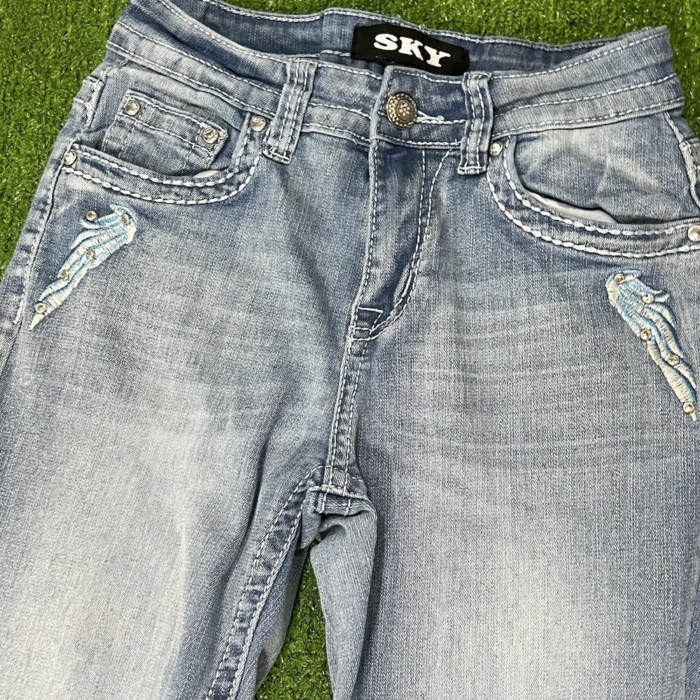 Sky Premium Collection Jeans SZ 5/6 Heart Wings Pocket Embroidered Y2K Vtg Flare - Picture 4 of 10